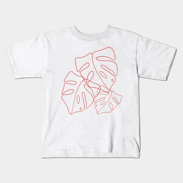Monstera plant leaves in red outline Kids T-Shirt by MugDesignStore